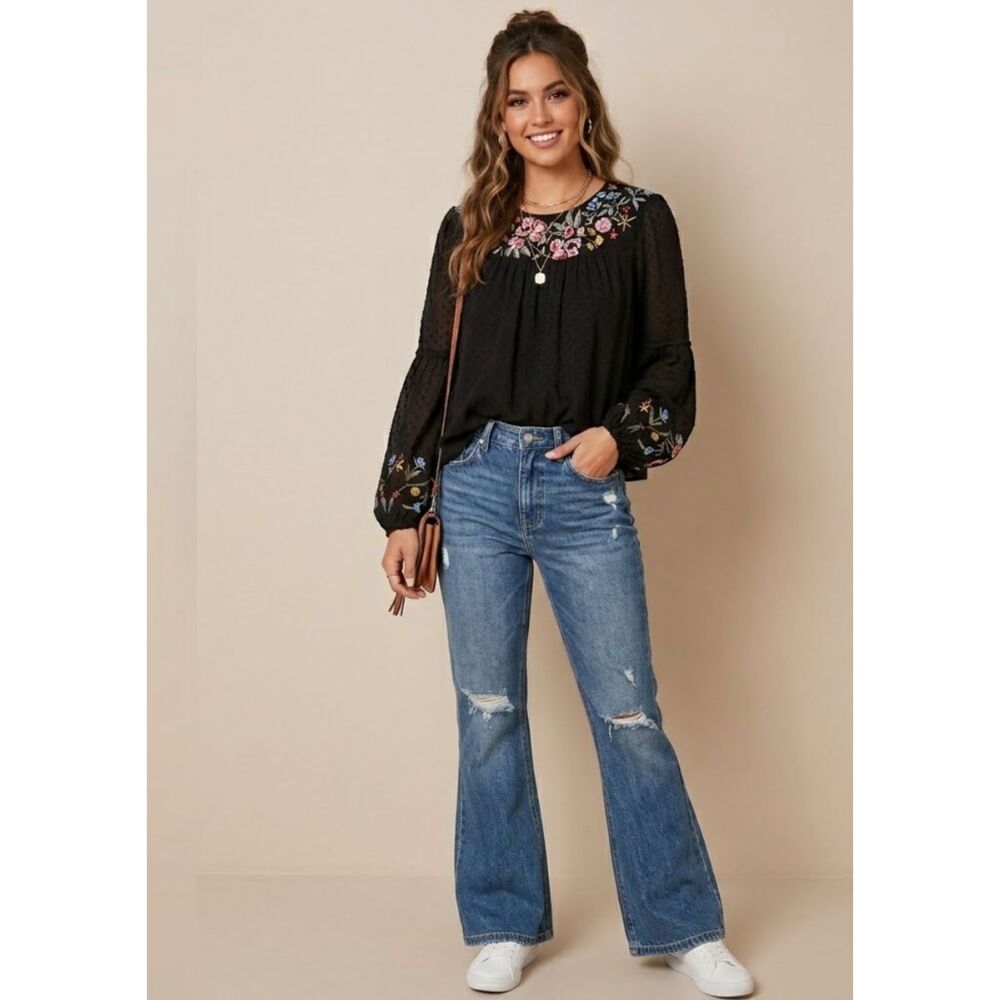 Zara Trafaluc Embroidered Chiffon Y2K Boho Top Women's Size XS